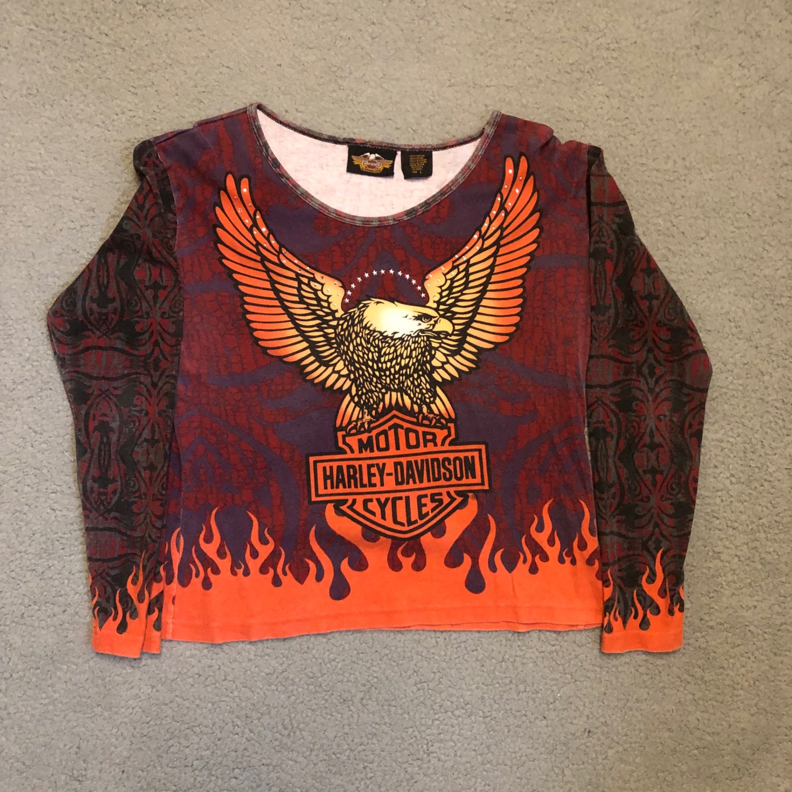 Vtg Harley Davidson Eagle Flame Graphic Long Sleeve Tee Shirt Rhinestone Large